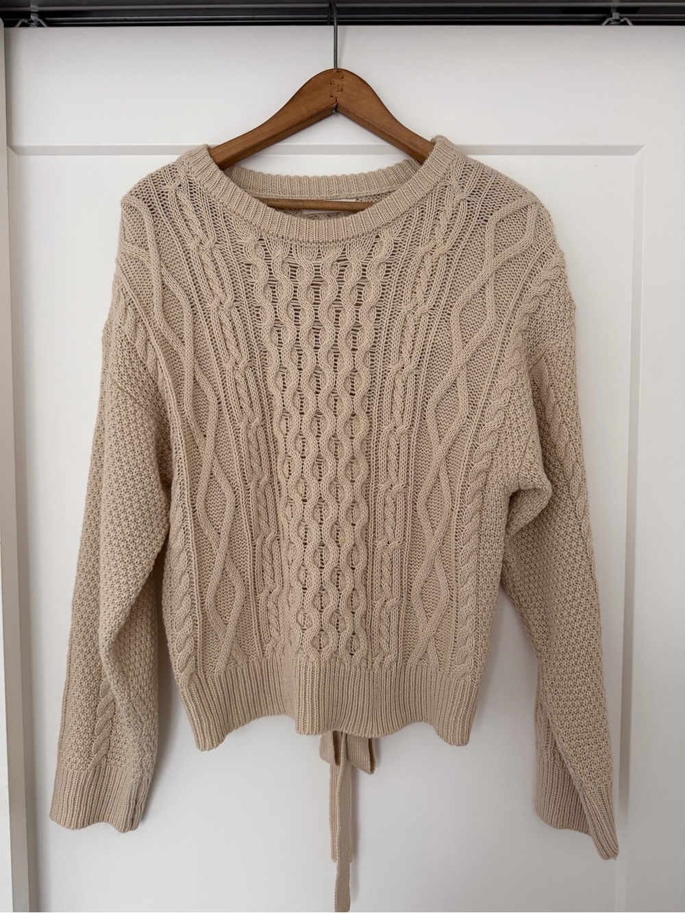 moon & madison Neutral Beige Cable-Knit Crewneck Sweater with Tie Hem